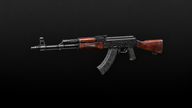 An AK-style rifle with a wooden stock on a dark background.