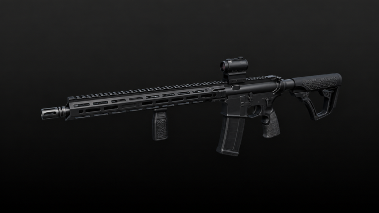 A black AR-style rifle with an optic on a dark background.